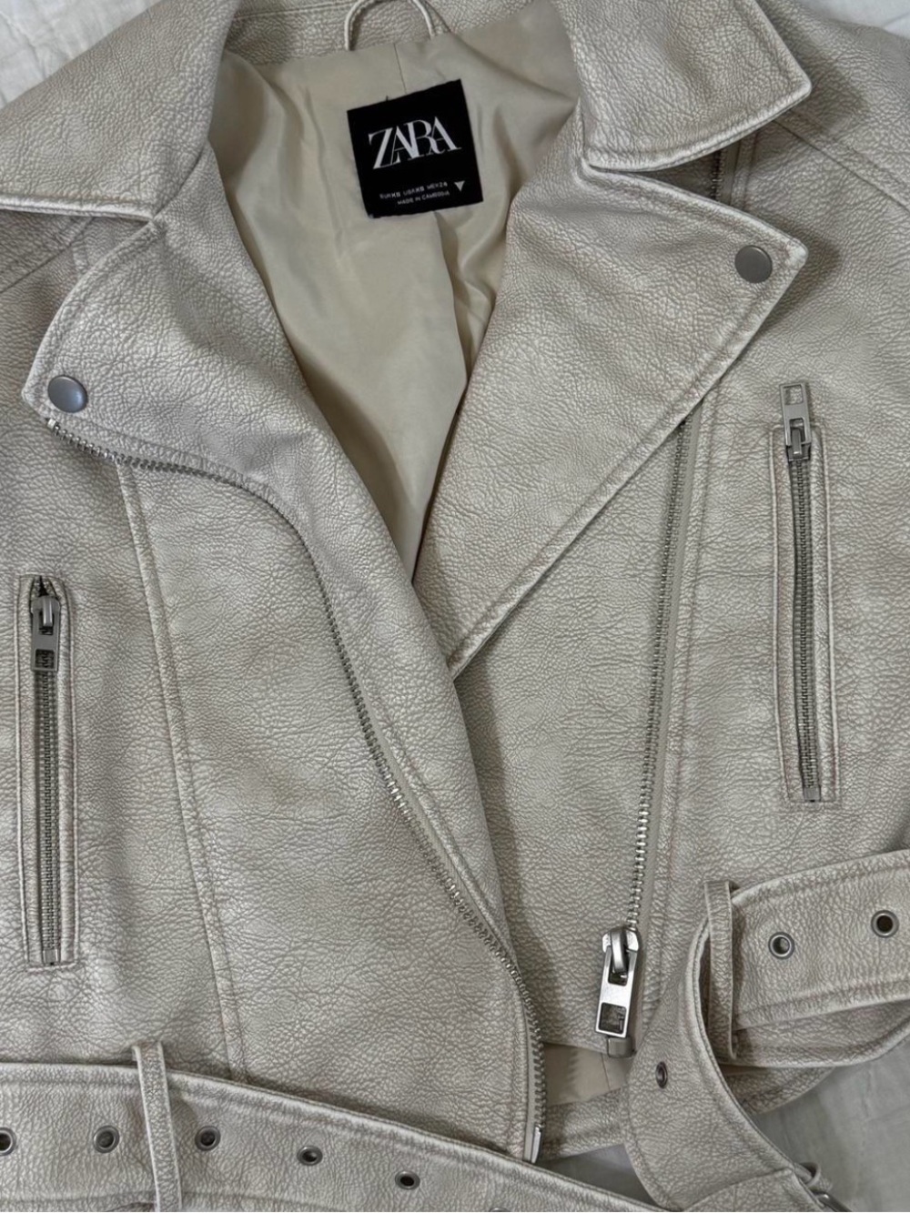 ZARA Metallic Cream Leather Biker Jacket